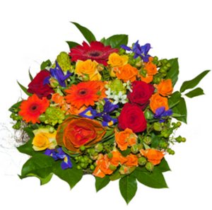 Букет из 7 оранжевых и красных гербер, 5 ирисов, 7 красных и желтых роз, 3 кустовых роз и зелени