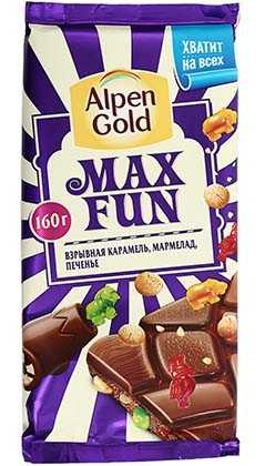 Шоколад Alpen Gold MaxFan с карамелью мармеладом и печеньем 160 г